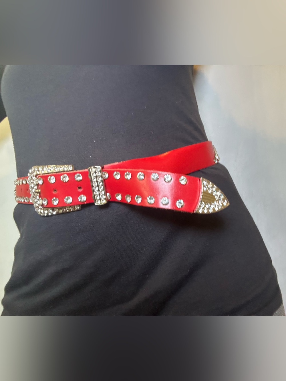 Red Leather Rhinestone Western Bling Belt Studded Silver Crystal Buckle M